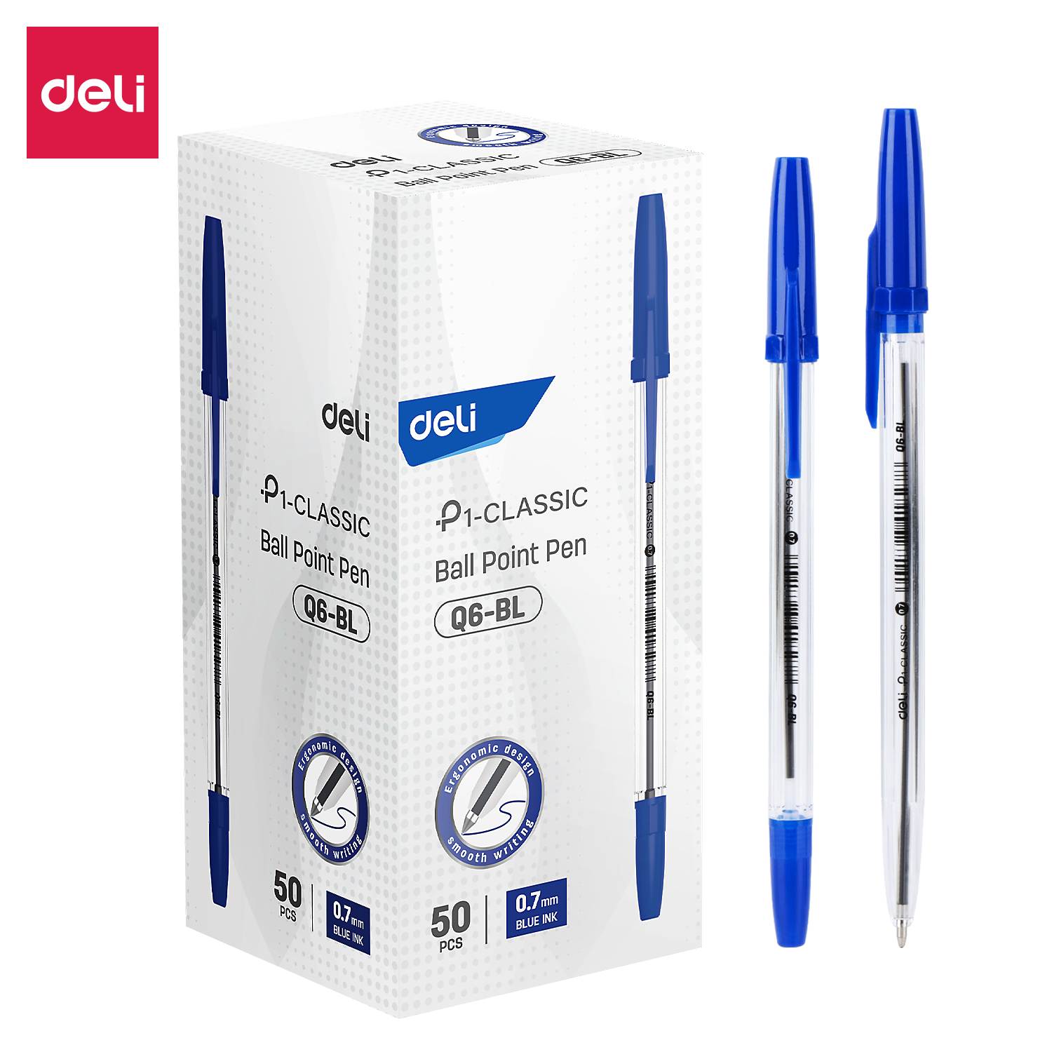 Deli 50 Piece Q6 Ballpoint Pen Set 0.7mm Tip Blue Ink