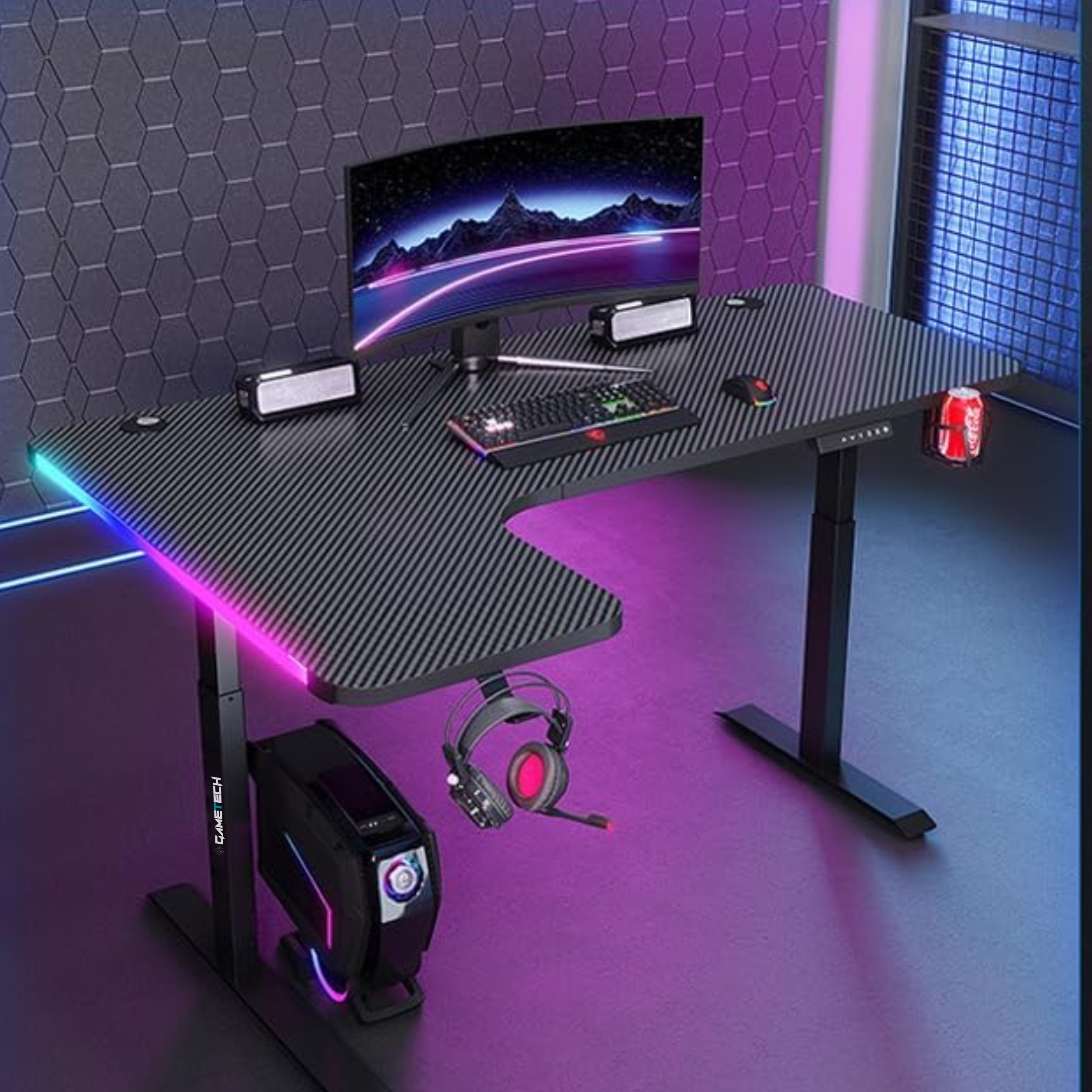 Black L Shape Gaming Desk, RGB Lighting with USB, Cup Holder & Headphone Clip - Image 2