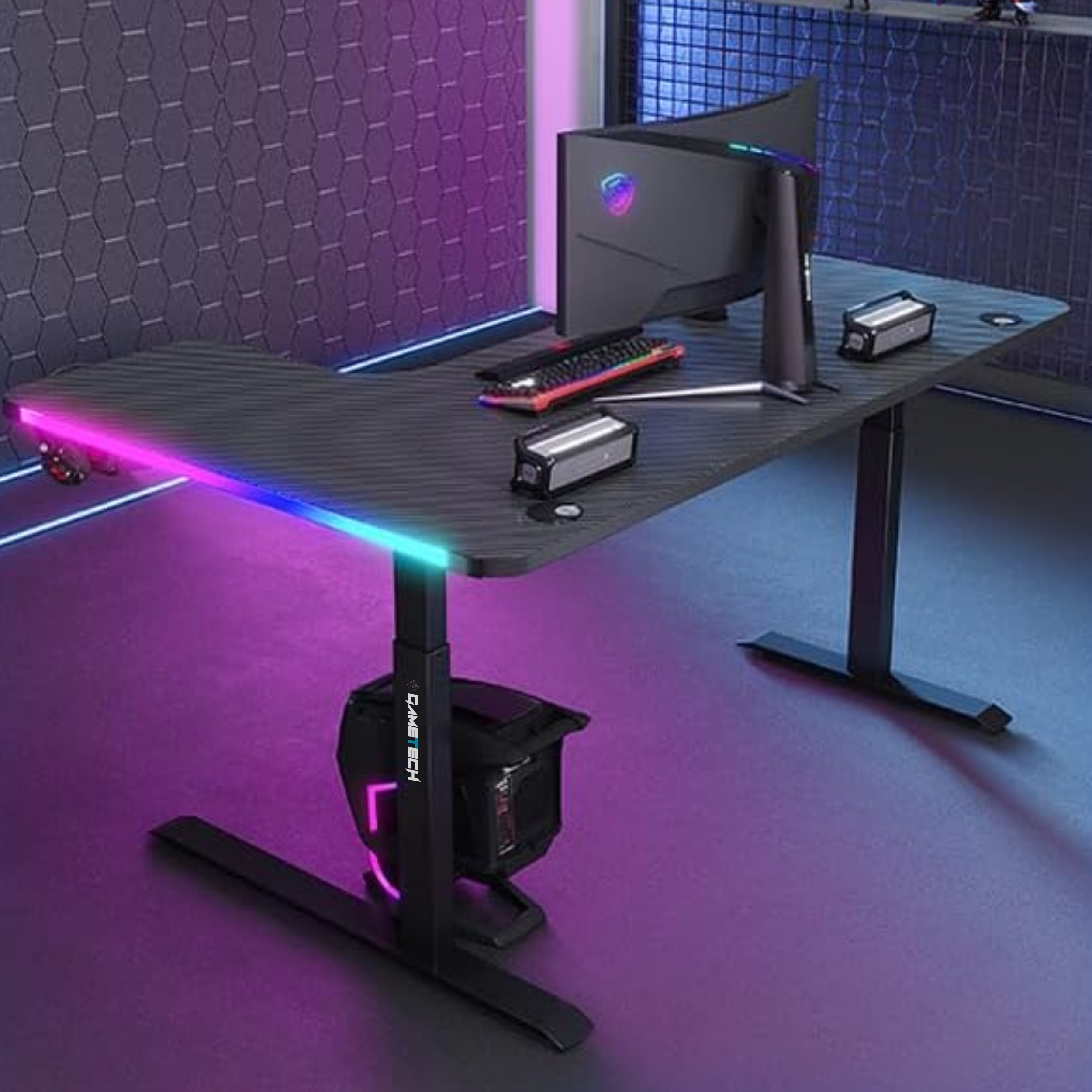 Black L Shape Gaming Desk, RGB Lighting with USB, Cup Holder & Headphone Clip - Image 5