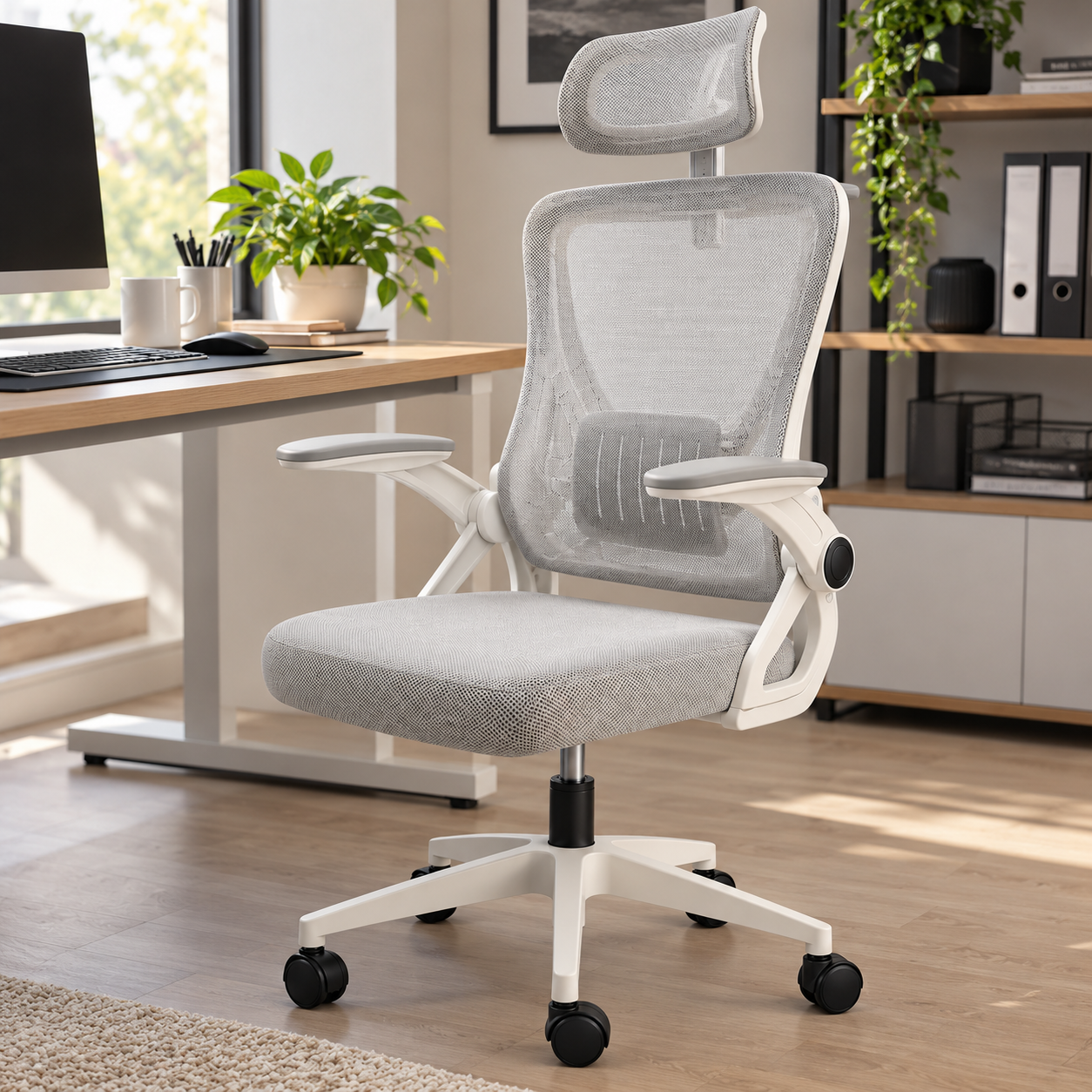 Ergonomic Mesh Office Chair with Headrest – White & Grey - Image 3
